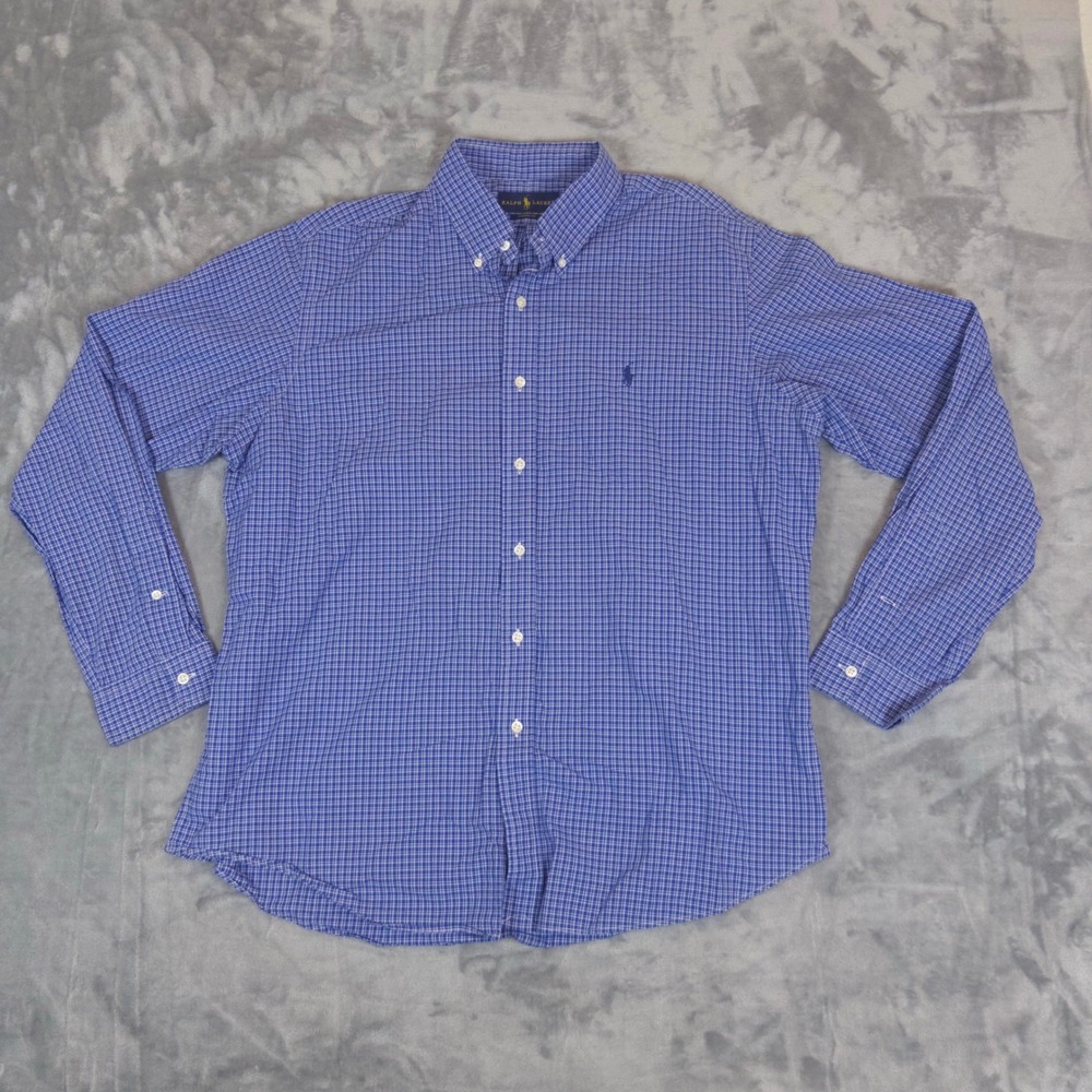 Ralph Lauren Button Down Mens XL Blue Micro Check Custom Fit Long Sleeve Shirt